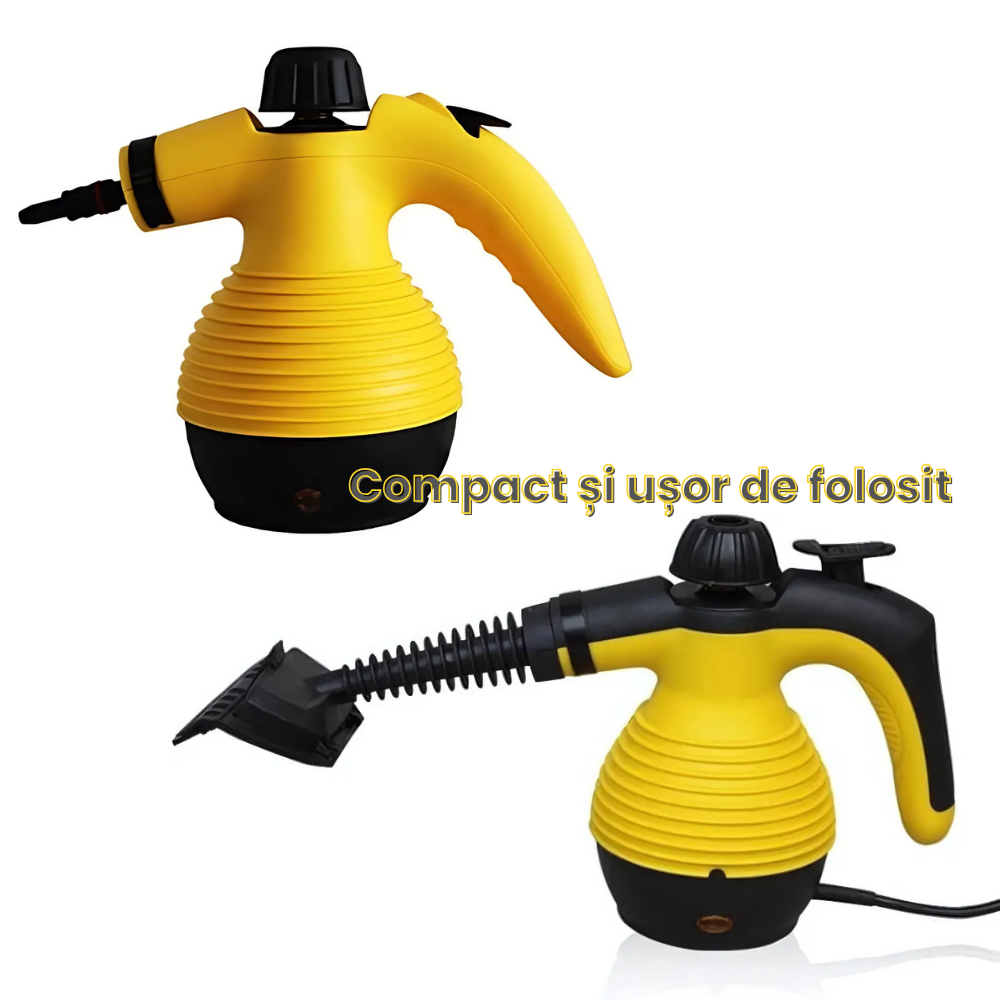 Yellow and black steam cleaner with attachments on a white background