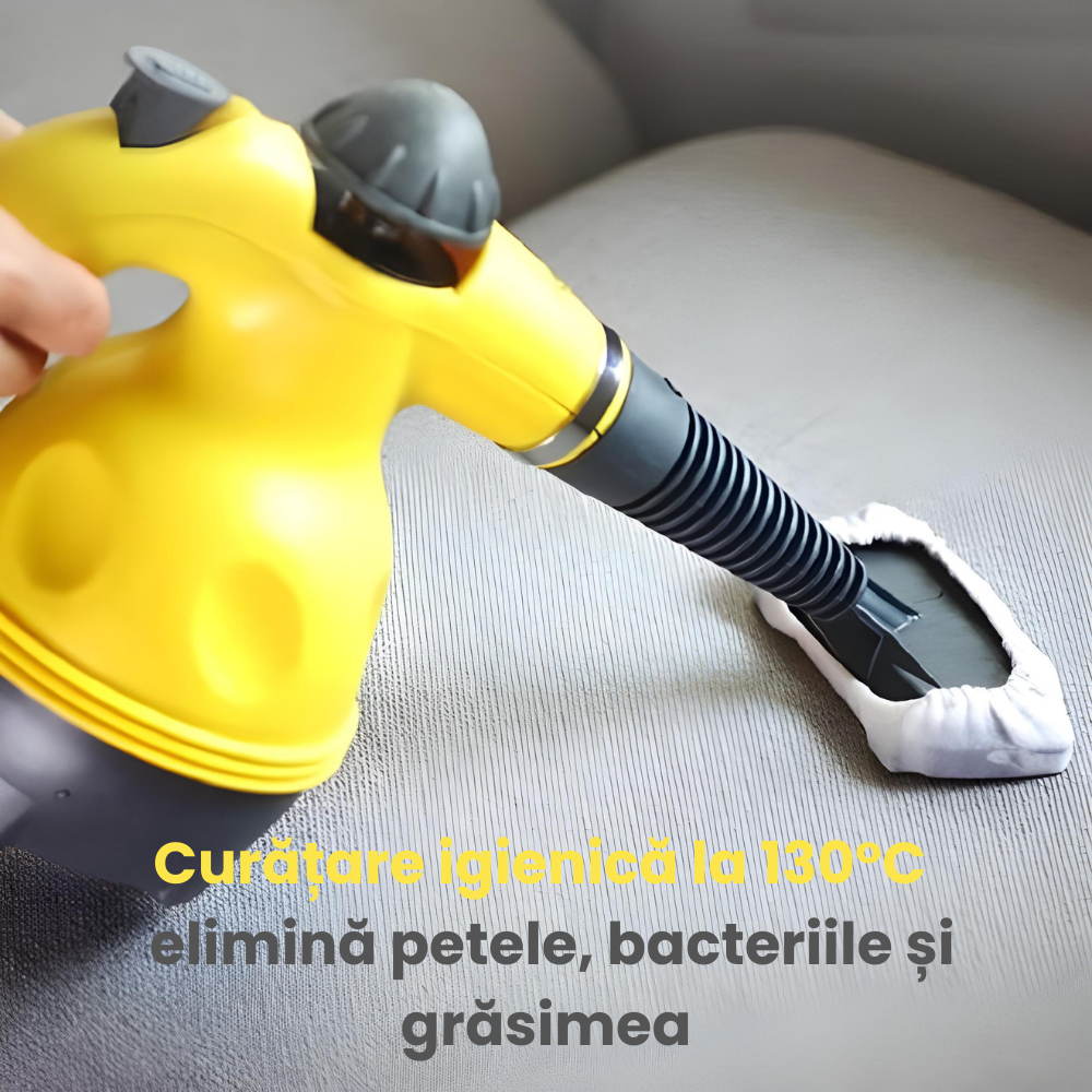 Yellow and gray steam cleaner being used on a surface with text in Romanian.