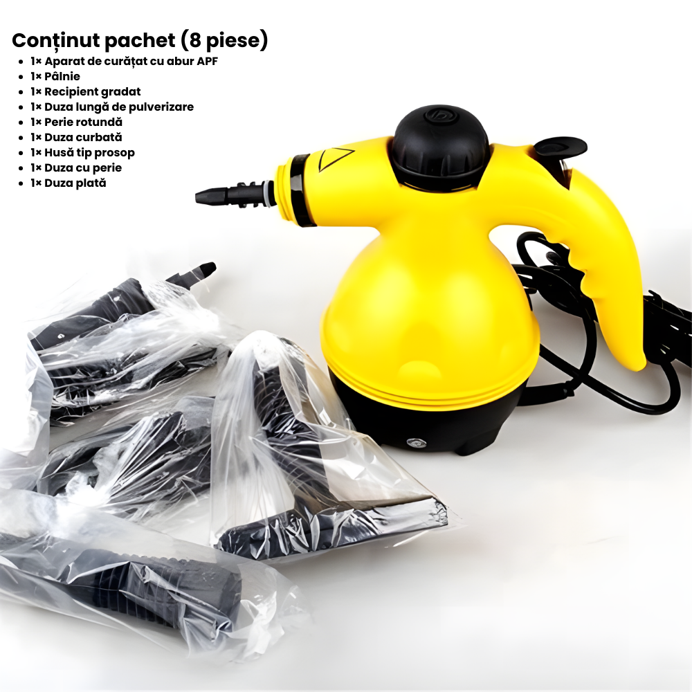 Yellow steam cleaner with accessories on a white background