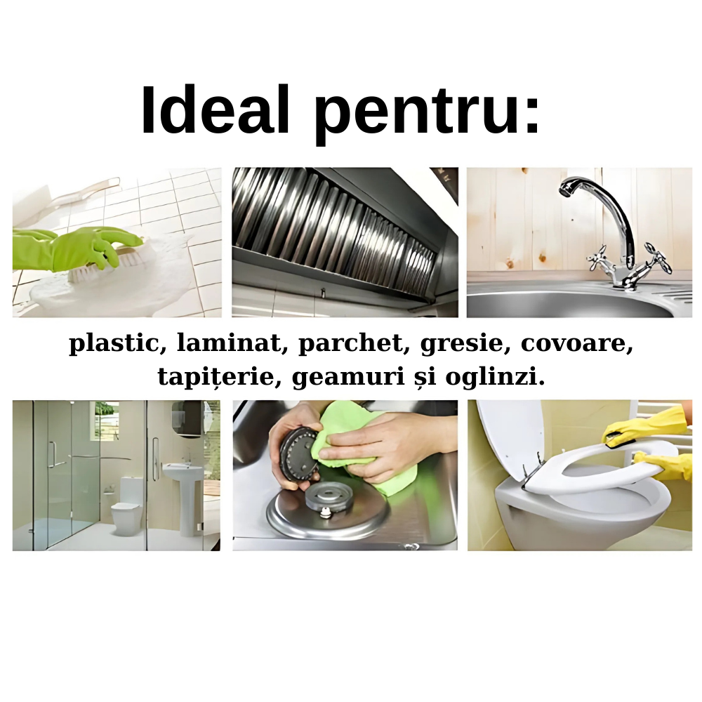 Cleaning product advertisement with various cleaning scenarios and text in Romanian.