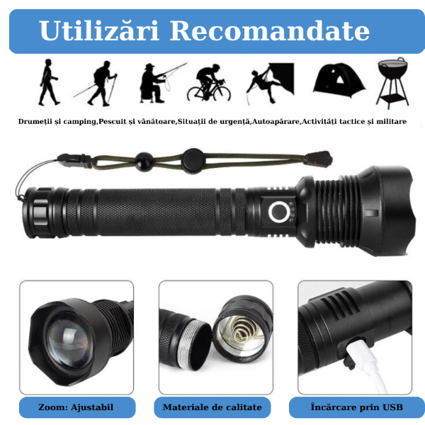 Lanternă LED Tactică 2000LM, USB, Zoom, Rezistenta la Apă