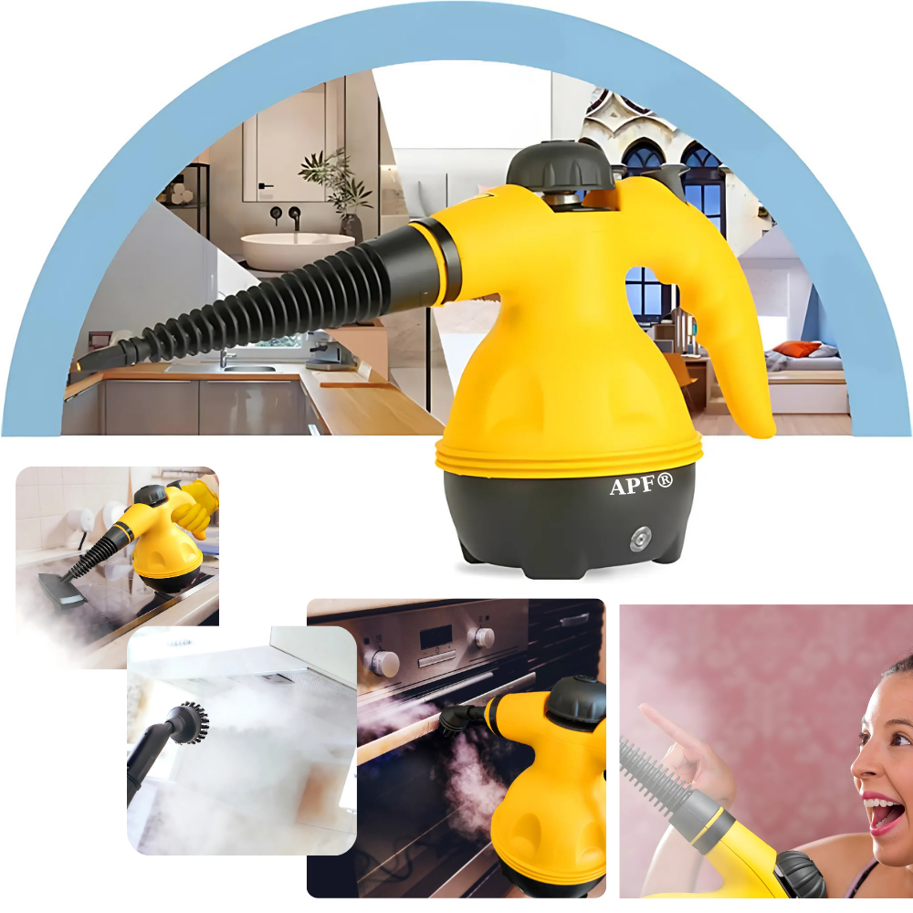 Yellow and black APF steam cleaner with various uses shown in a collage.