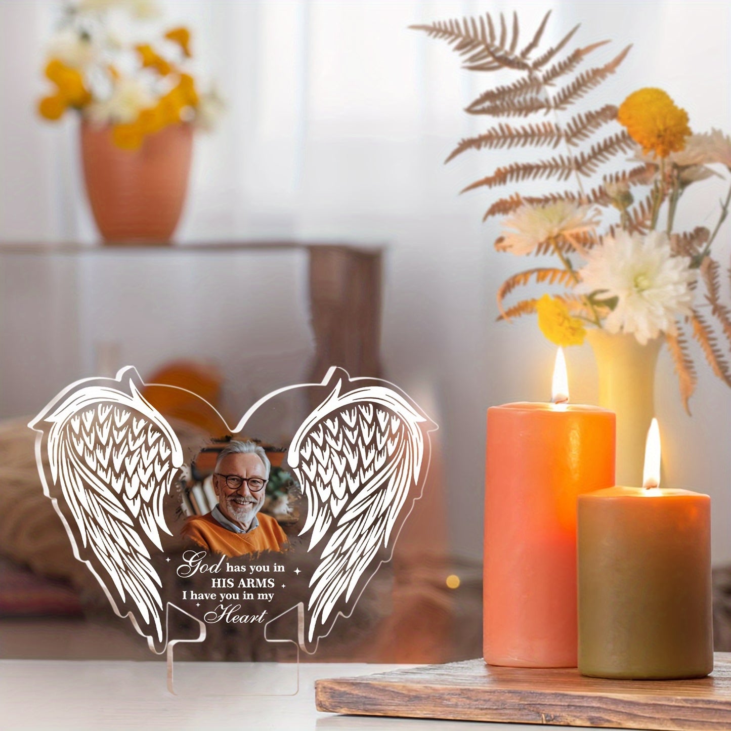 Plachetă Foto Personalizată din Acril cu Aripi de Înger - Memorialul Cadou