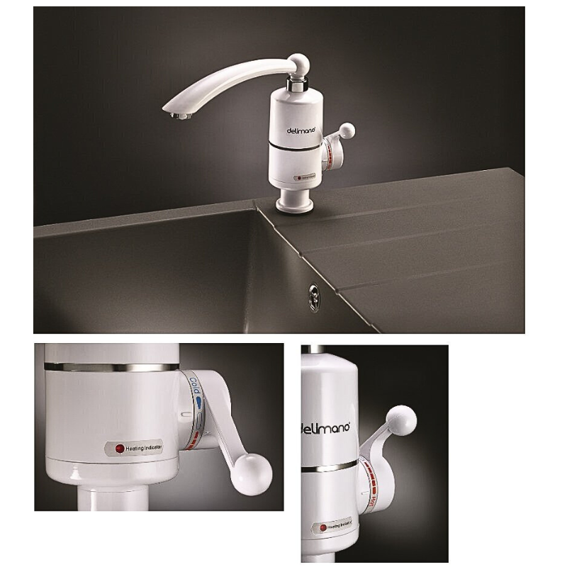 White kitchen faucet with DELIMANO branding on a dark background
