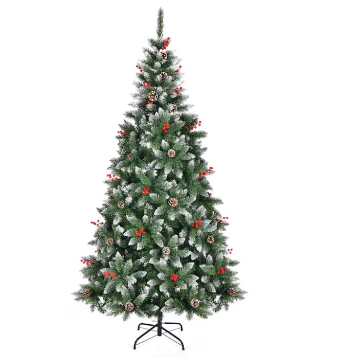 Brad Artificial FOTOFUN 1.8m cu Nisip Alb, Conuri, Bace Roșii și Suport Metalic + Bec RGB Rotativ Cadou