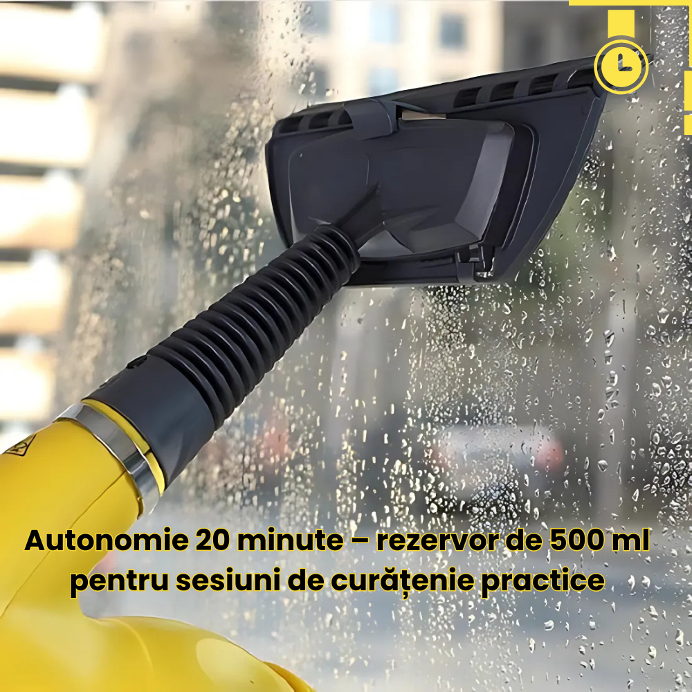 Window cleaning tool with a yellow handle cleaning a glass surface.