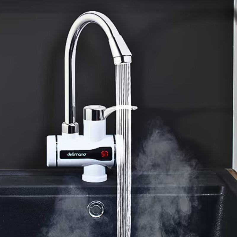 Chrome kitchen faucet with digital temperature display on a black background
