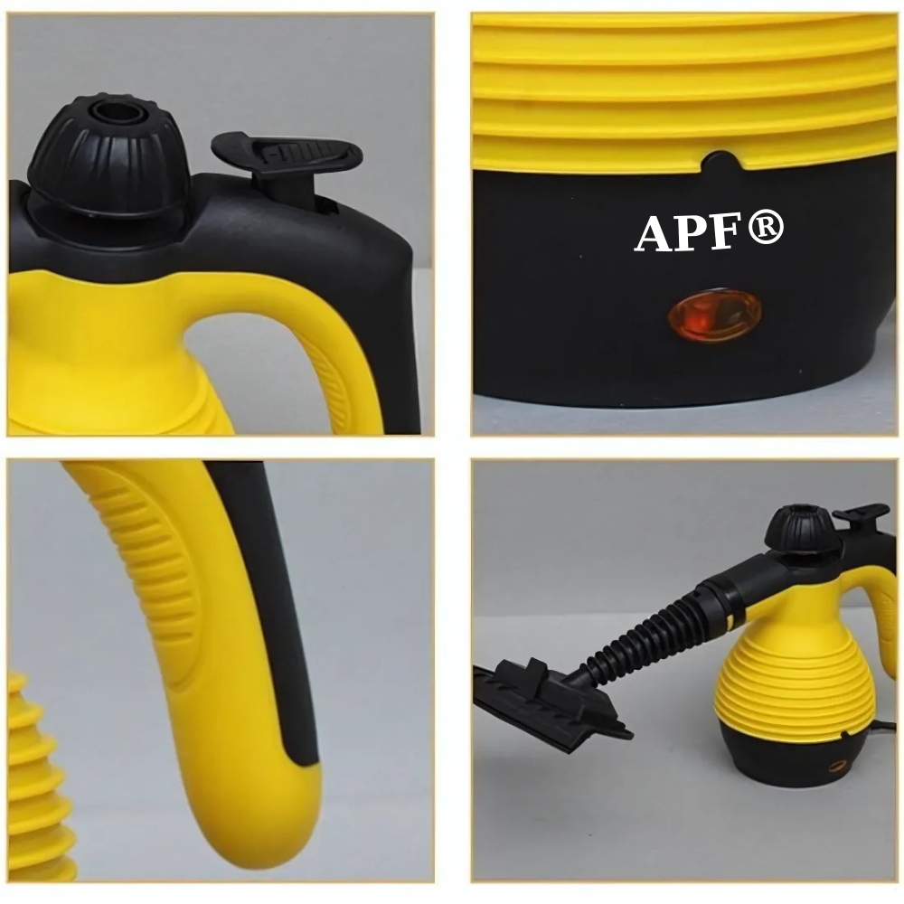Yellow and black APF pressure washer with various parts on a gray background