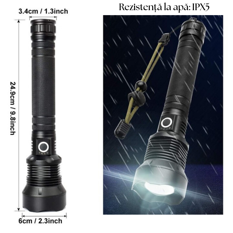 Lanternă LED Tactică 2000LM, USB, Zoom, Rezistenta la Apă