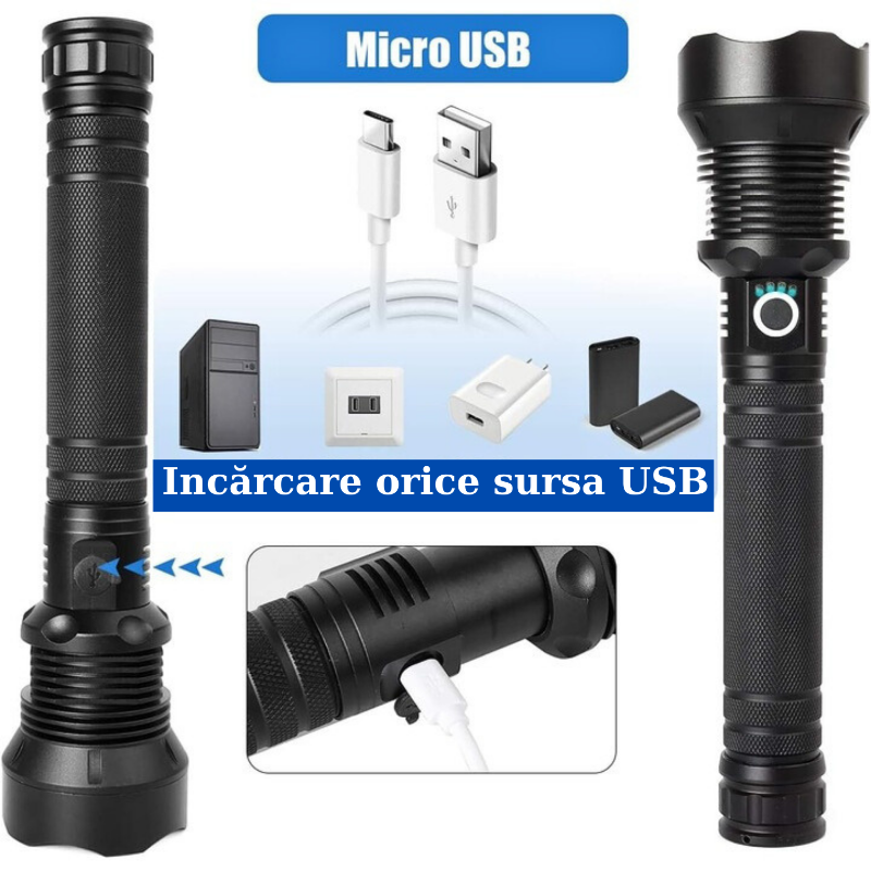 Lanternă LED Tactică 2000LM, USB, Zoom, Rezistenta la Apă