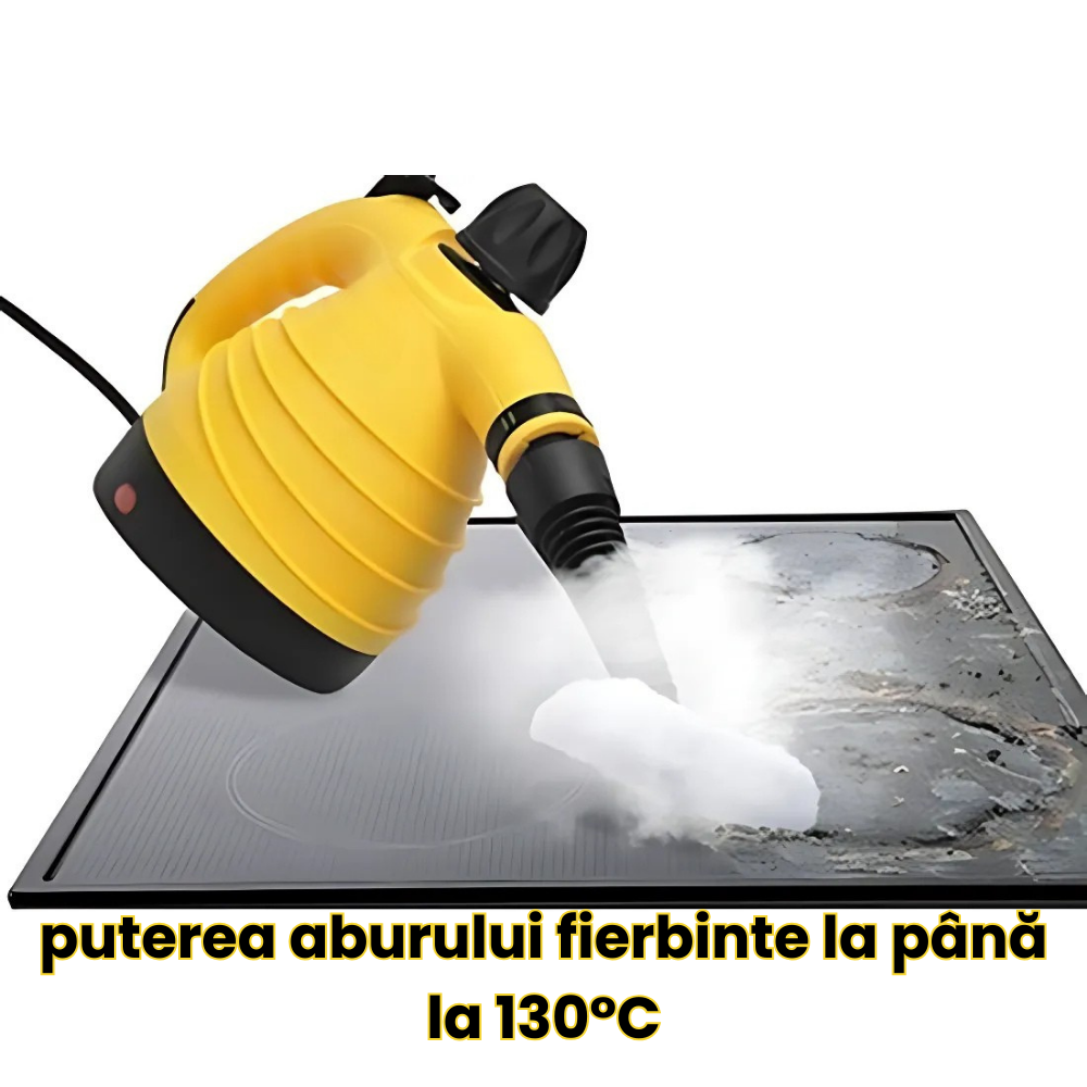 Yellow and black pressure washer cleaning a surface with steam, on a white background.