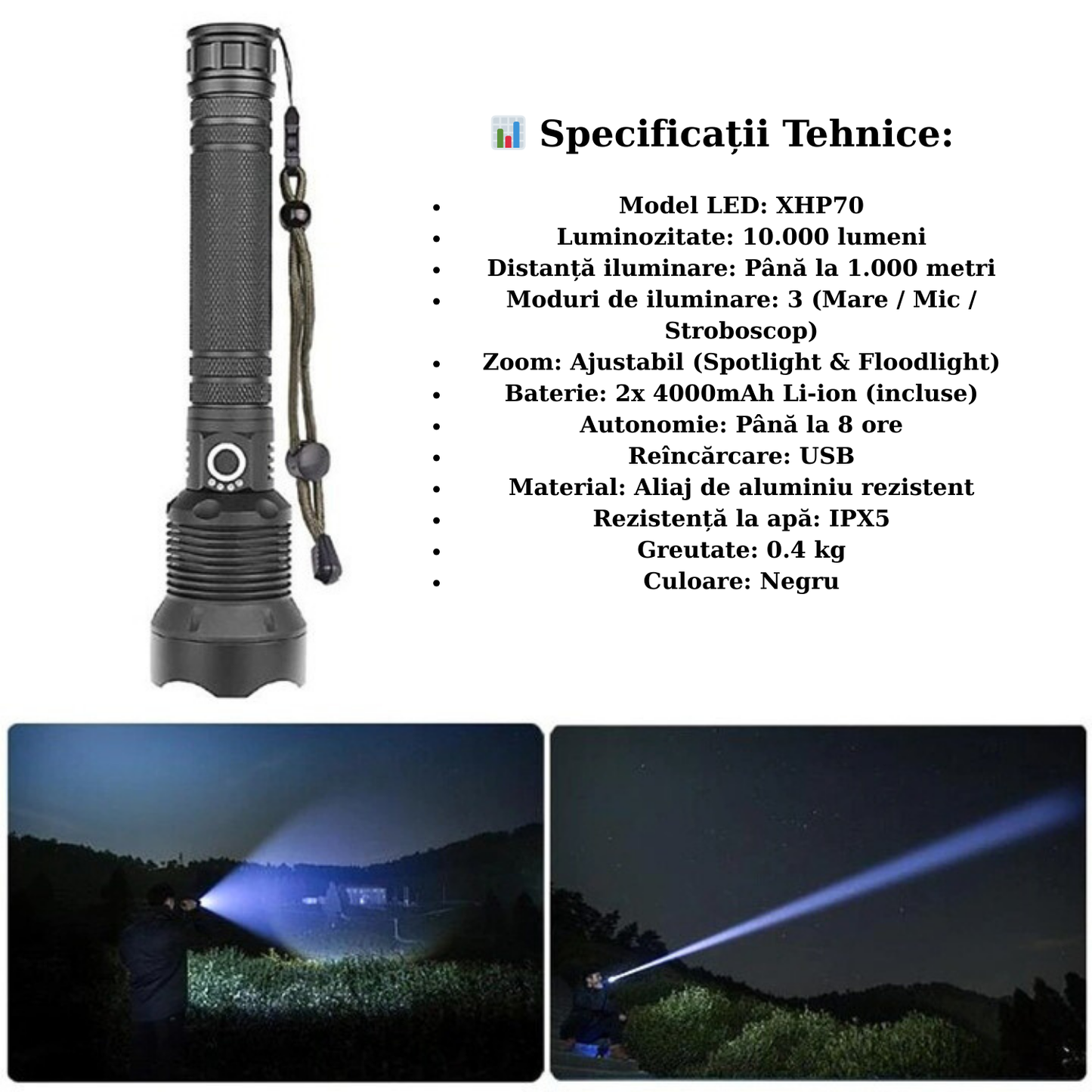 Lanternă LED Tactică 2000LM, USB, Zoom, Rezistenta la Apă