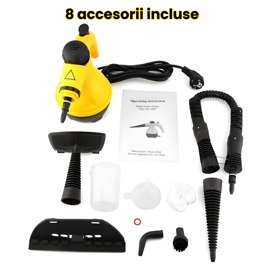 Yellow steam cleaner with various attachments and an instruction manual on a white background