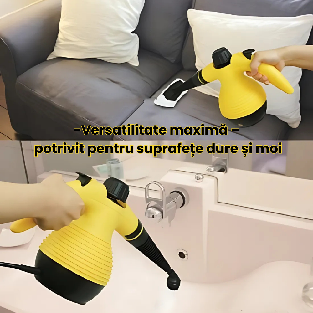 Yellow steam cleaner being used on a couch and sink with text in Romanian.