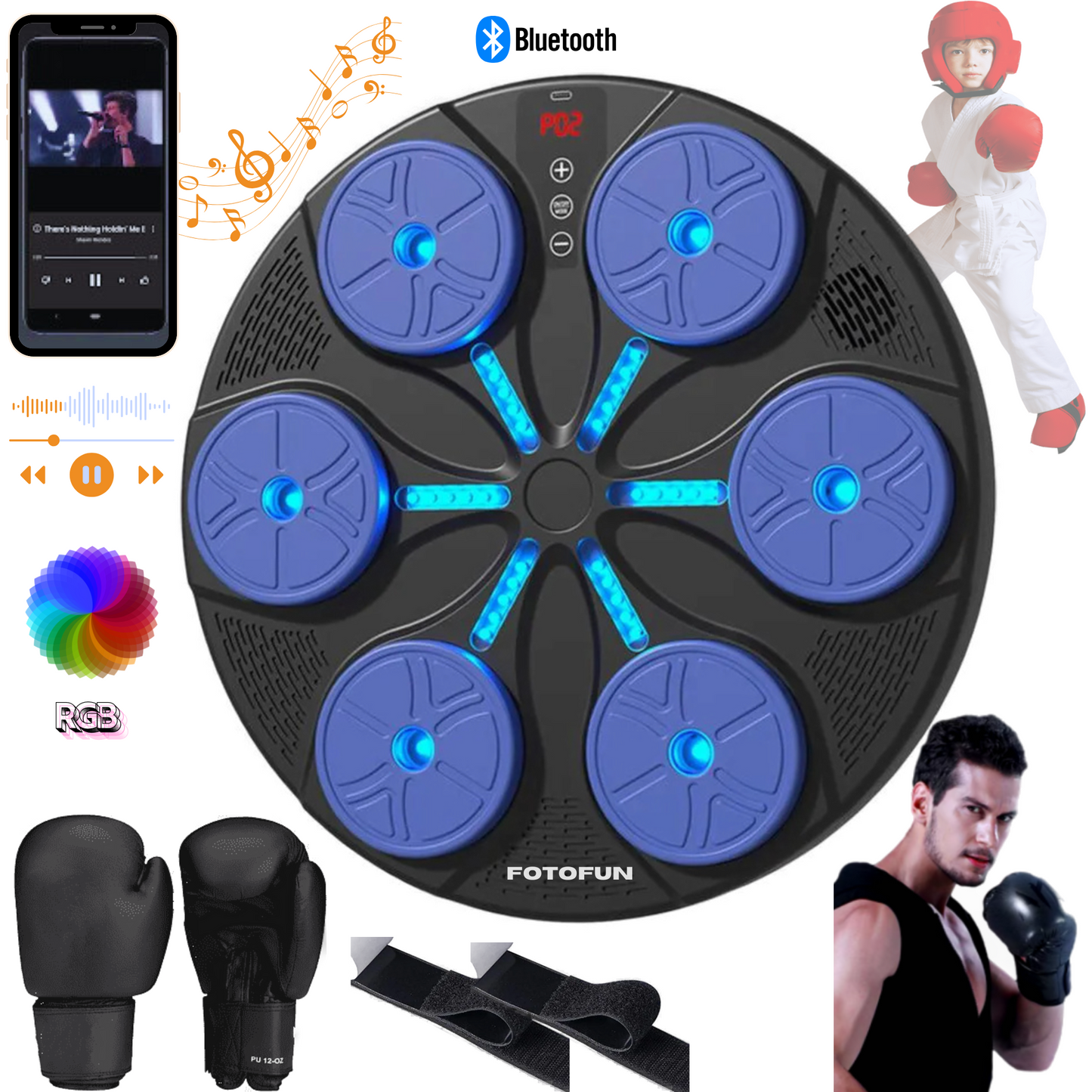 Aparat Smart de Box FOTOFUN® cu Bluetooth, Lumini RGB, Mănuși Negre și Fixare Velcro