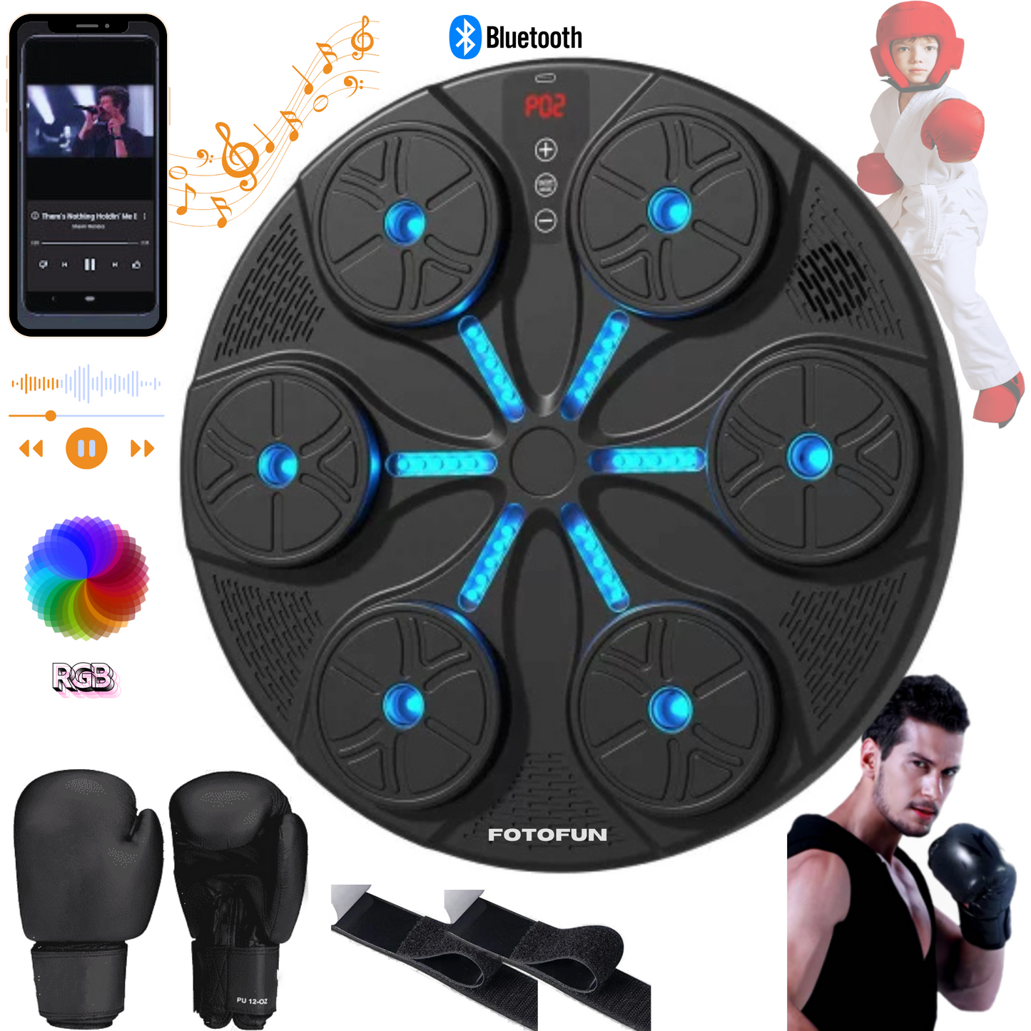 Aparat Smart de Box FOTOFUN® cu Bluetooth, Lumini RGB, Mănuși Negre și Fixare Velcro
