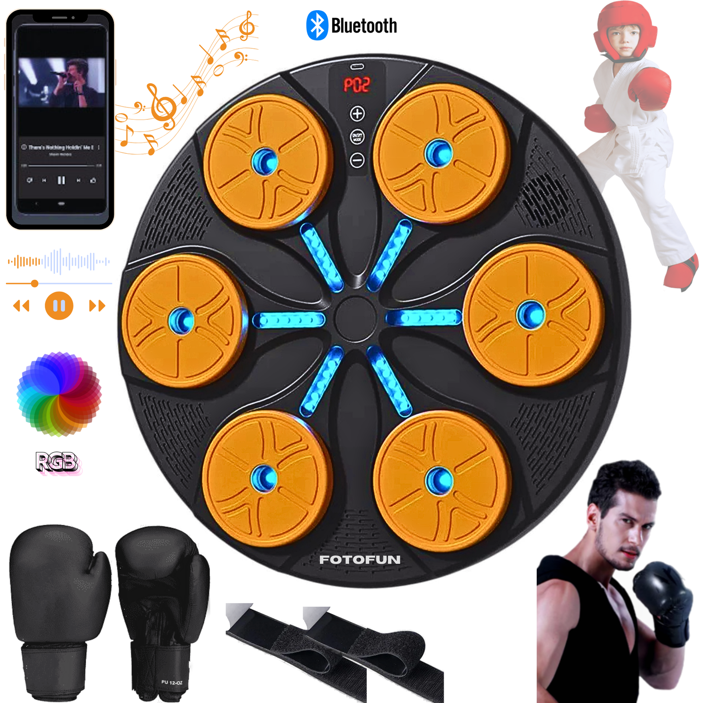 Aparat Smart de Box FOTOFUN® cu Bluetooth, Lumini RGB, Mănuși Negre și Fixare Velcro
