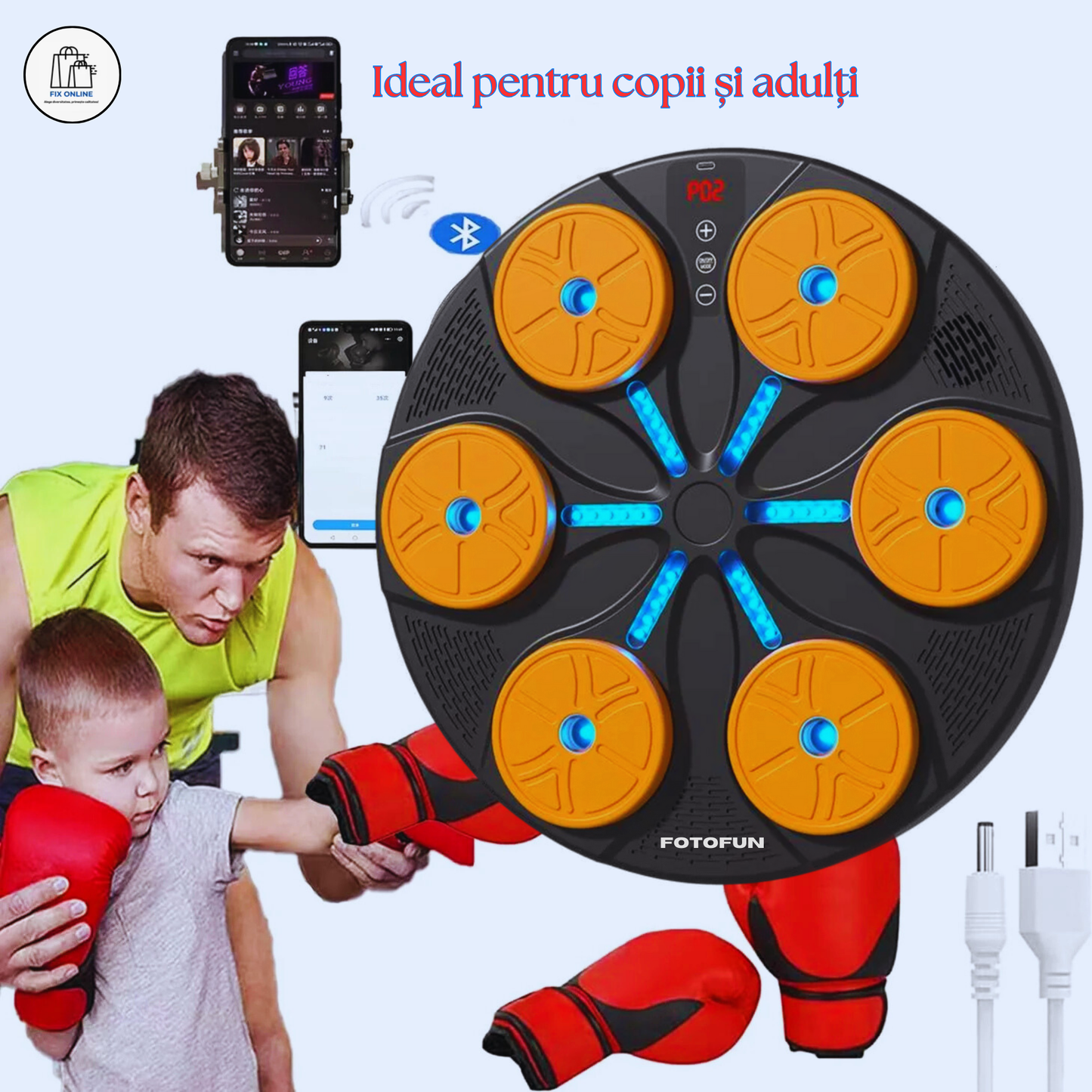Aparat Smart de Box FOTOFUN® cu Bluetooth, Lumini RGB, Mănuși Negre și Fixare Velcro
