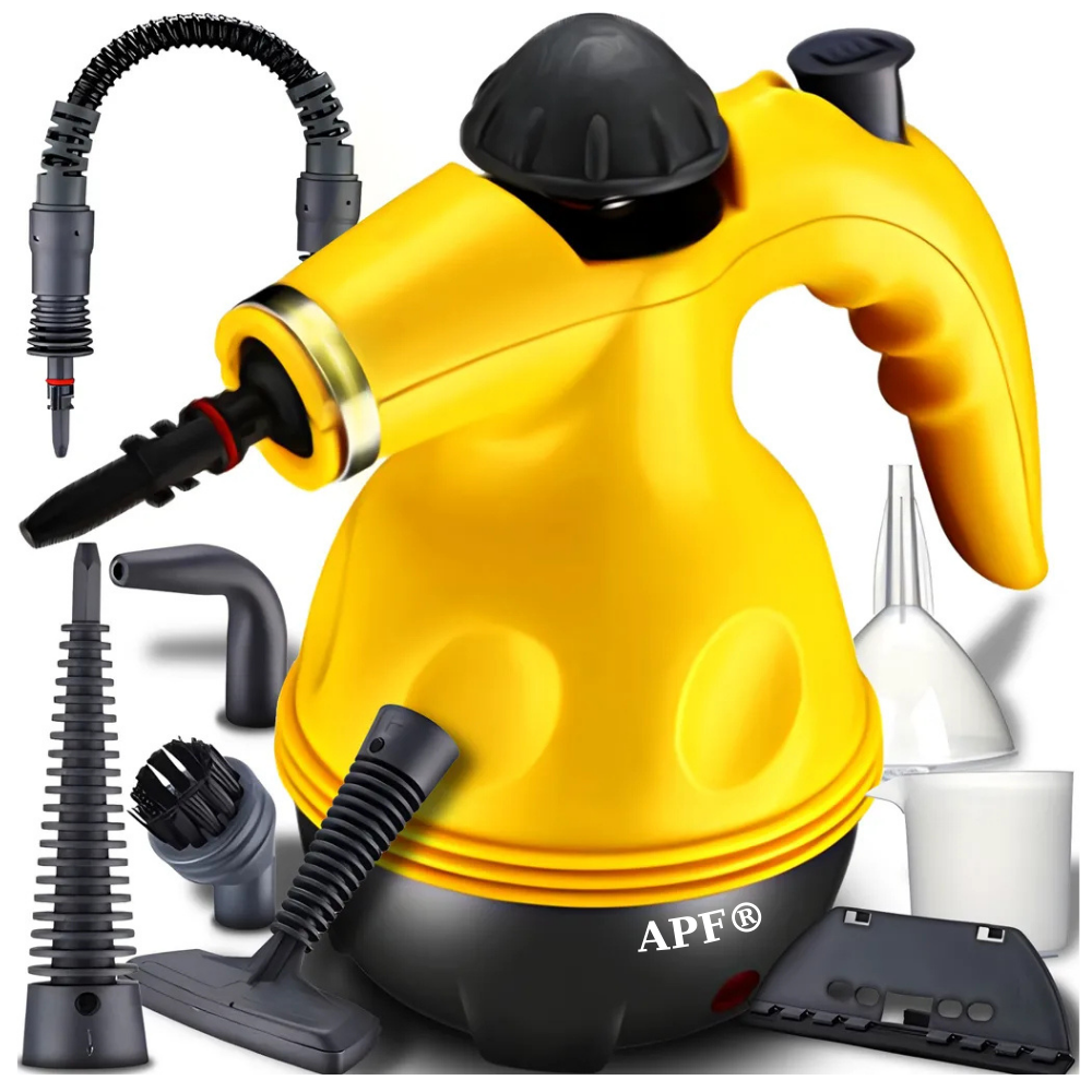 Yellow steam cleaner with various attachments on a white background