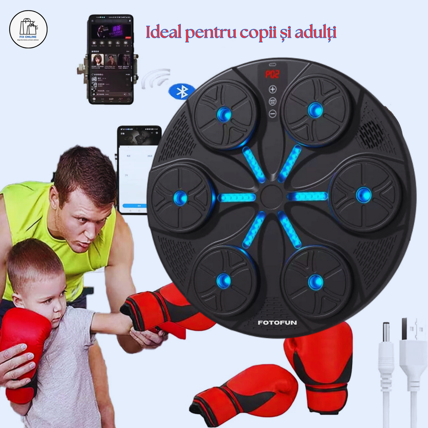 Aparat Smart de Box FOTOFUN® cu Bluetooth, Lumini RGB, Mănuși Negre și Fixare Velcro