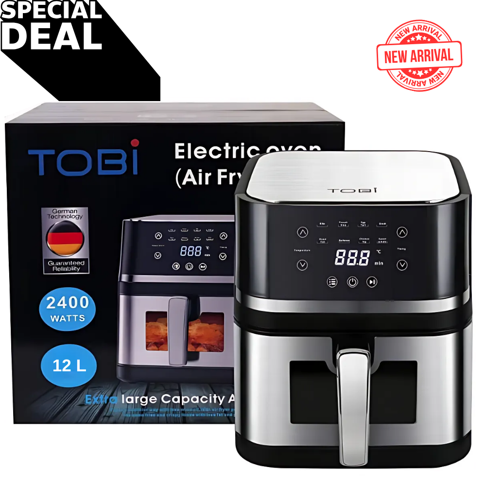 Tobi electric oven (air fryer) with packaging and 'New Arrival' label on a white background