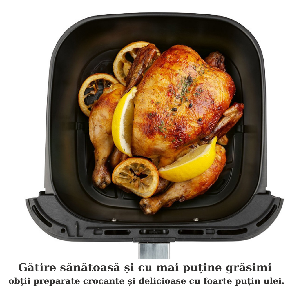 Roasted chicken with lemon slices in an air fryer basket