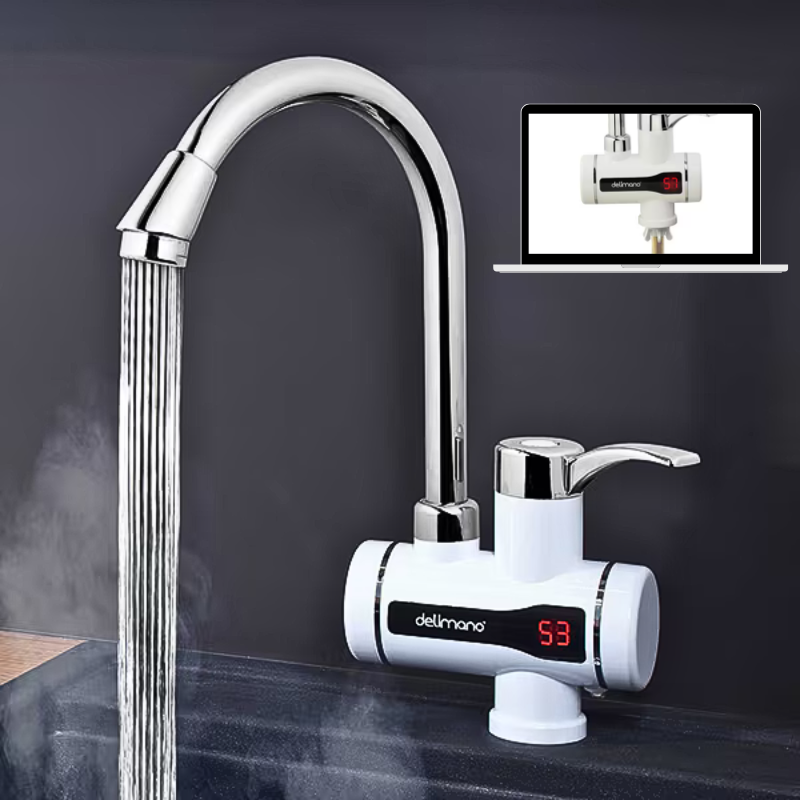 Chrome kitchen faucet with digital temperature display on a dark background