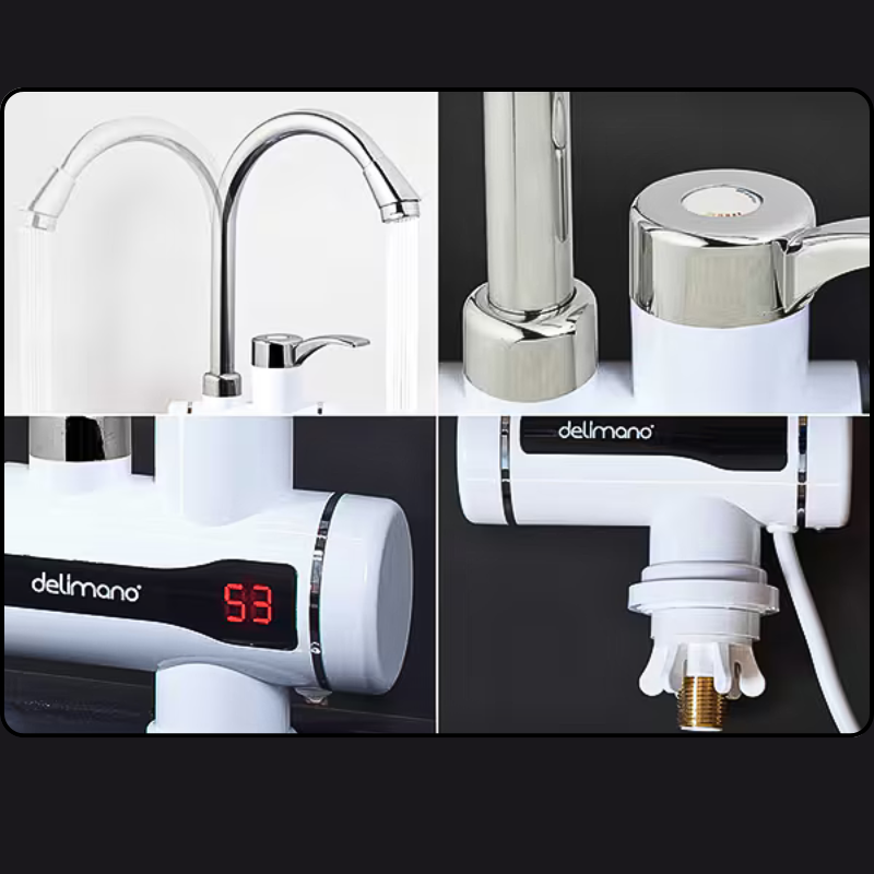 Collage of a delimano electric water heater with close-up details on a black background