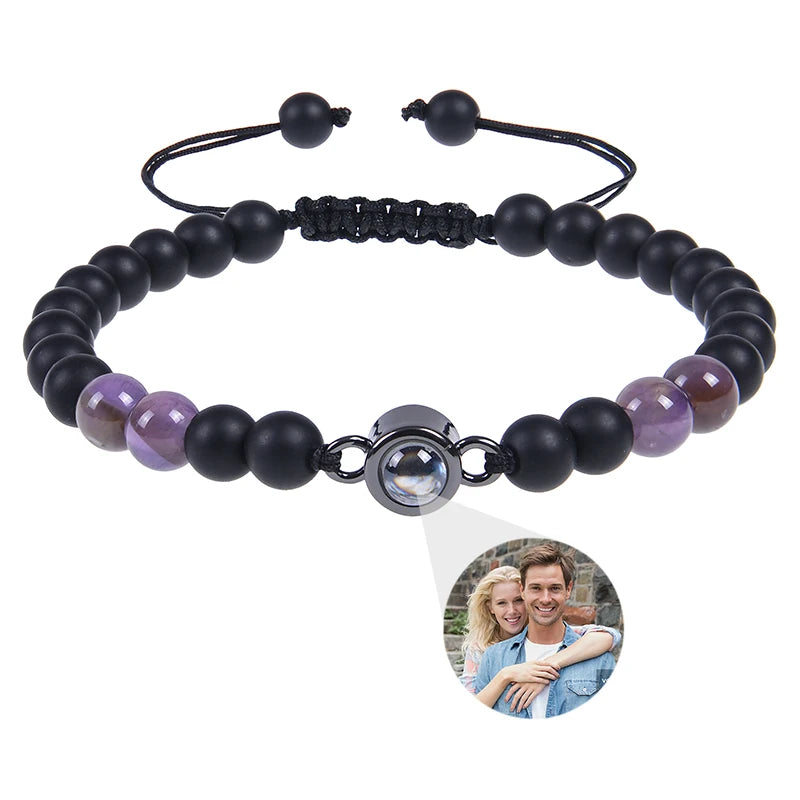 Brățară Personalizată cu Proiecție Foto și Mărgele Black Matte Tiger Eye – Cadou Unic și Emoționant