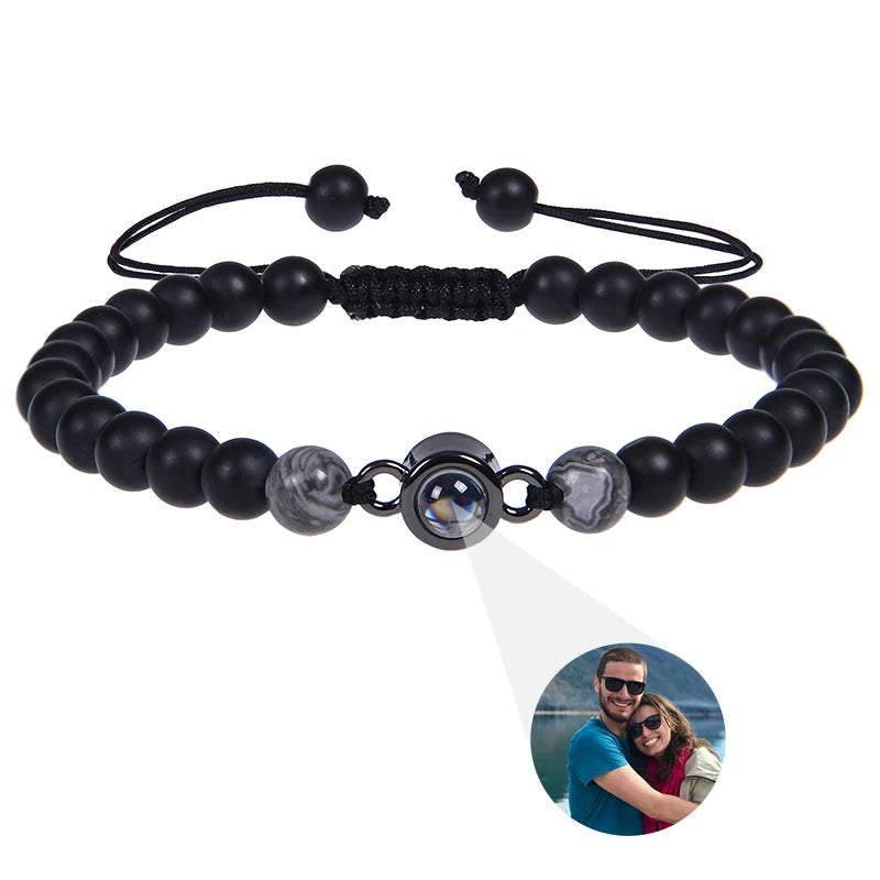 Brățară Personalizată cu Proiecție Foto și Mărgele Black Matte Tiger Eye – Cadou Unic și Emoționant