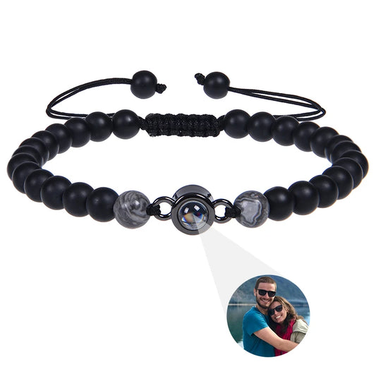 Brățară Personalizată cu Proiecție Foto și Mărgele Black Matte Tiger Eye – Cadou Unic și Emoționant