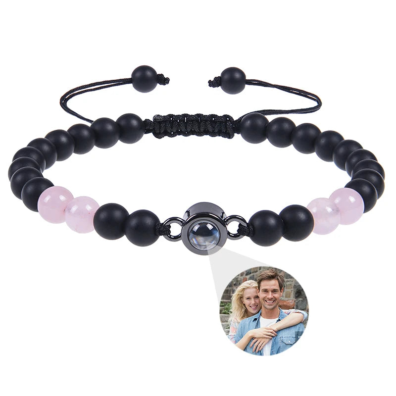 Brățară Personalizată cu Proiecție Foto și Mărgele Black Matte Tiger Eye – Cadou Unic și Emoționant