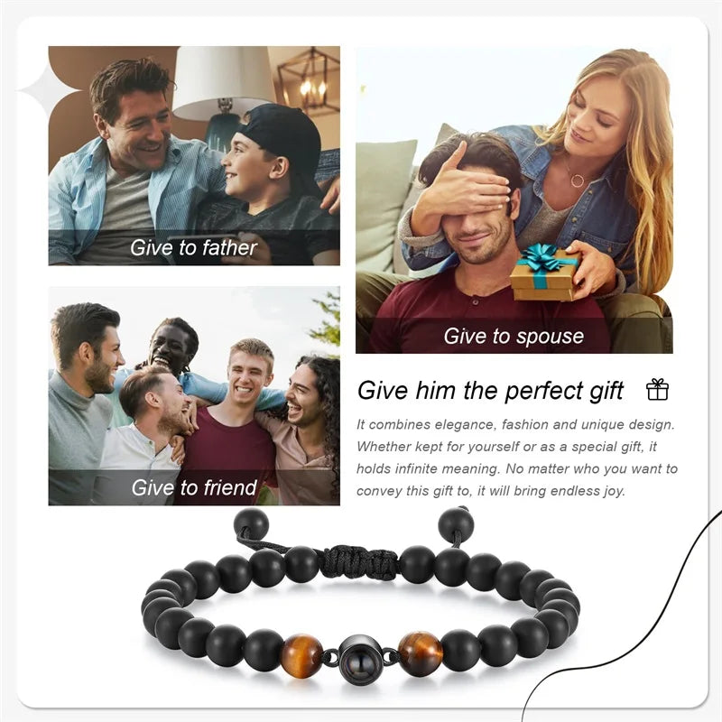 Brățară Personalizată cu Proiecție Foto și Mărgele Black Matte Tiger Eye – Cadou Unic și Emoționant