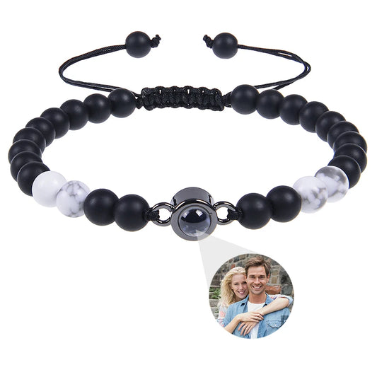 Brățară Personalizată cu Proiecție Foto și Mărgele Black Matte Tiger Eye – Cadou Unic și Emoționant