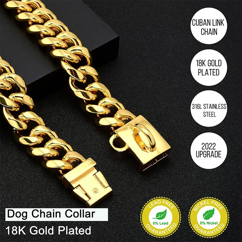 Zgarda pentru Câini din Oțel Inoxidabil placată cu Aur 18K, Lanț Cuban - 14mm, pentru Câini Mici, Medii și Mari