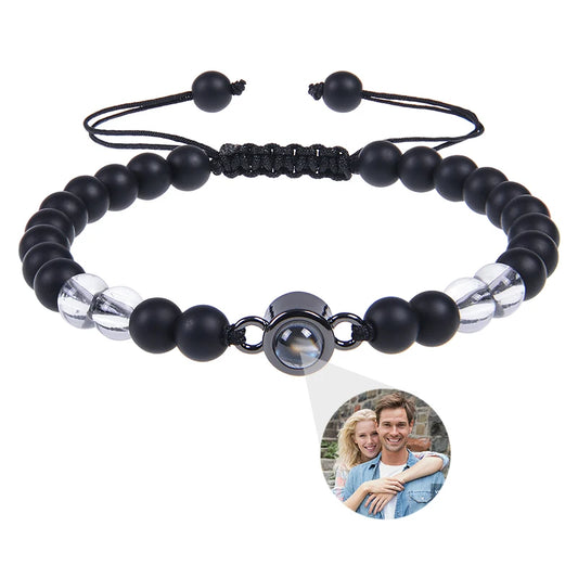 Brățară Personalizată cu Proiecție Foto și Mărgele Black Matte Tiger Eye – Cadou Unic și Emoționant