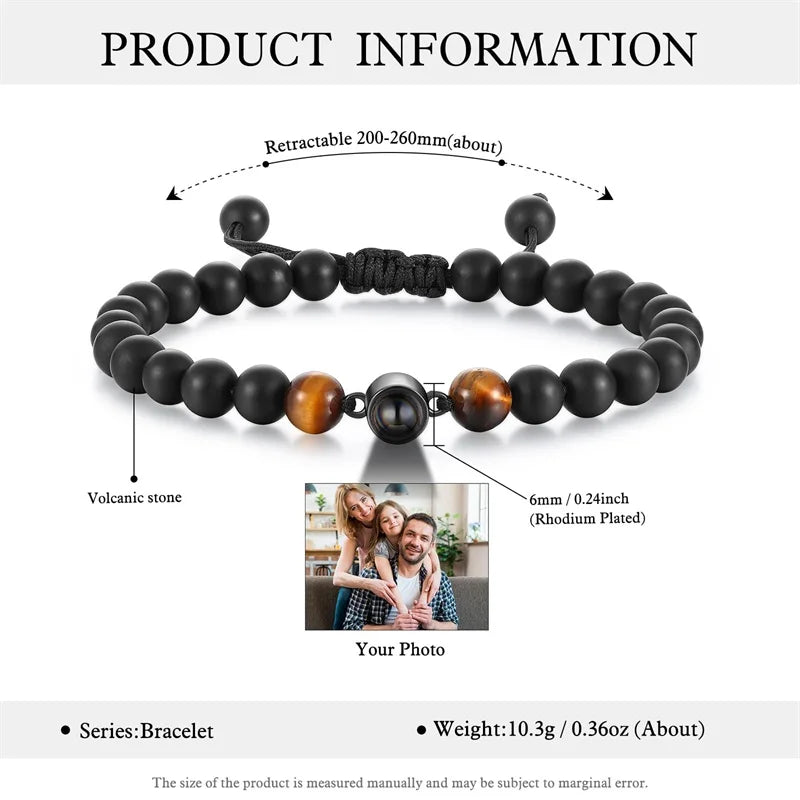 Brățară Personalizată cu Proiecție Foto și Mărgele Black Matte Tiger Eye – Cadou Unic și Emoționant