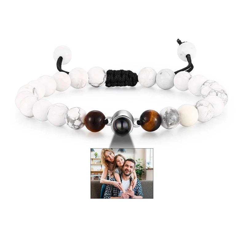 Brățară Personalizată cu Proiecție Foto și Mărgele Black Matte Tiger Eye – Cadou Unic și Emoționant