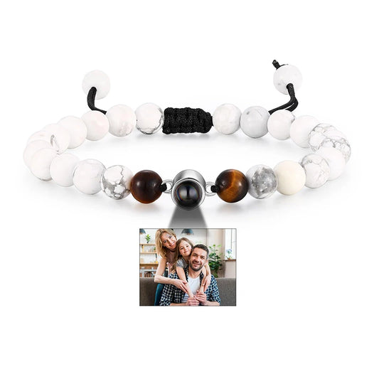 Brățară Personalizată cu Proiecție Foto și Mărgele Black Matte Tiger Eye – Cadou Unic și Emoționant