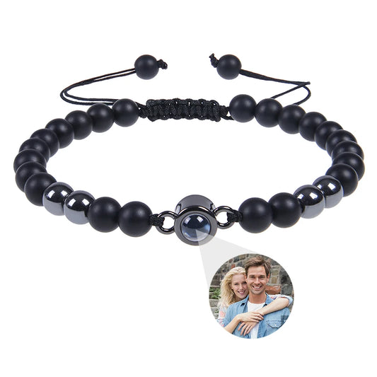 Brățară Personalizată cu Proiecție Foto și Mărgele Black Matte Tiger Eye – Cadou Unic și Emoționant