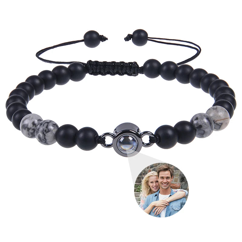 Brățară Personalizată cu Proiecție Foto și Mărgele Black Matte Tiger Eye – Cadou Unic și Emoționant