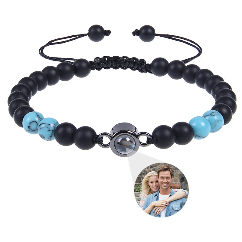 Brățară Personalizată cu Proiecție Foto și Mărgele Black Matte Tiger Eye – Cadou Unic și Emoționant