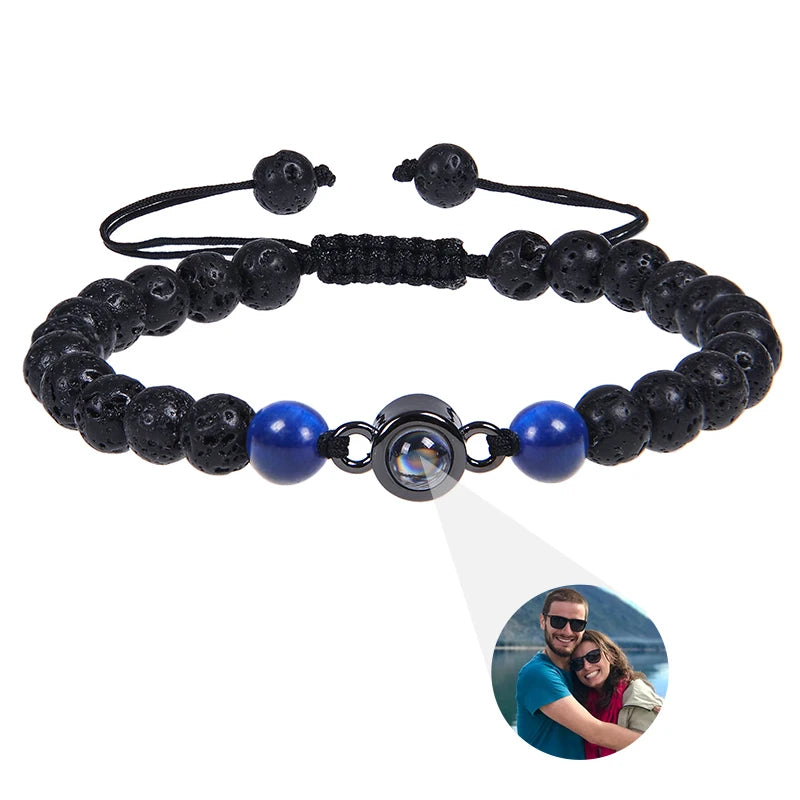 Brățară Personalizată cu Proiecție Foto și Mărgele Black Matte Tiger Eye – Cadou Unic și Emoționant