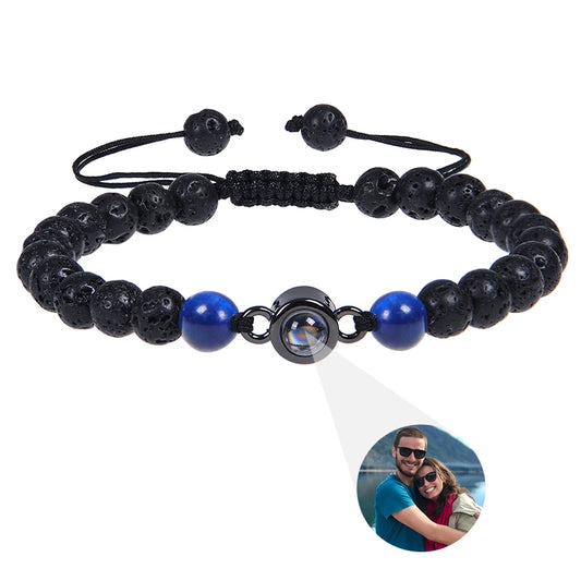 Brățară Personalizată cu Proiecție Foto și Mărgele Black Matte Tiger Eye – Cadou Unic și Emoționant