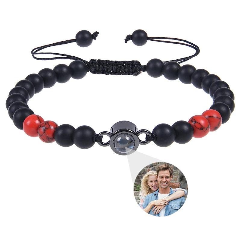 Brățară Personalizată cu Proiecție Foto și Mărgele Black Matte Tiger Eye – Cadou Unic și Emoționant