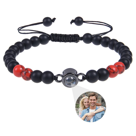 Brățară Personalizată cu Proiecție Foto și Mărgele Black Matte Tiger Eye – Cadou Unic și Emoționant