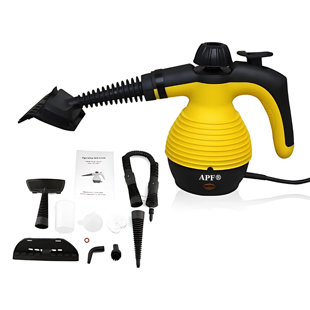 Yellow and black steam cleaner with attachments on a white background