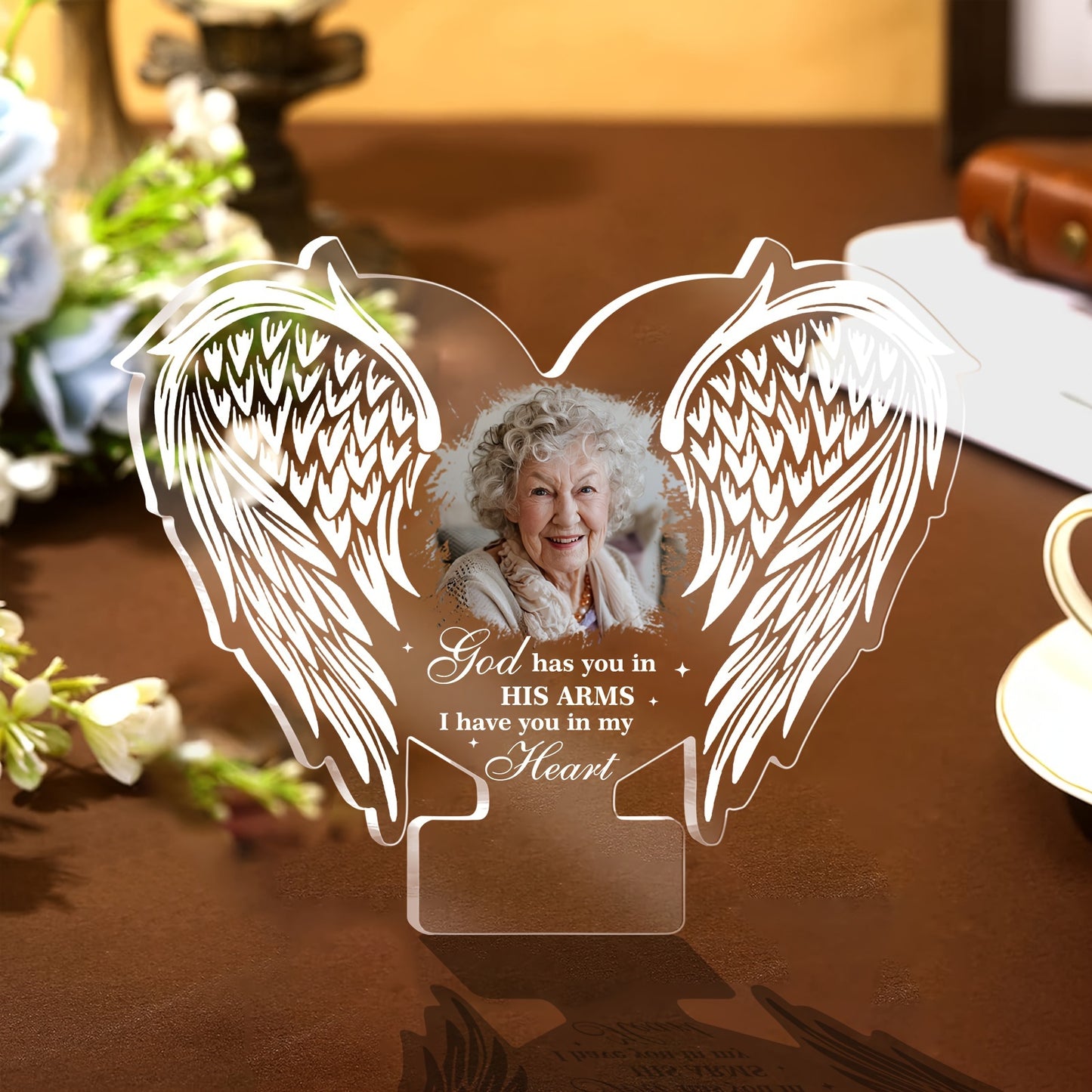 Plachetă Foto Personalizată din Acril cu Aripi de Înger - Memorialul Cadou