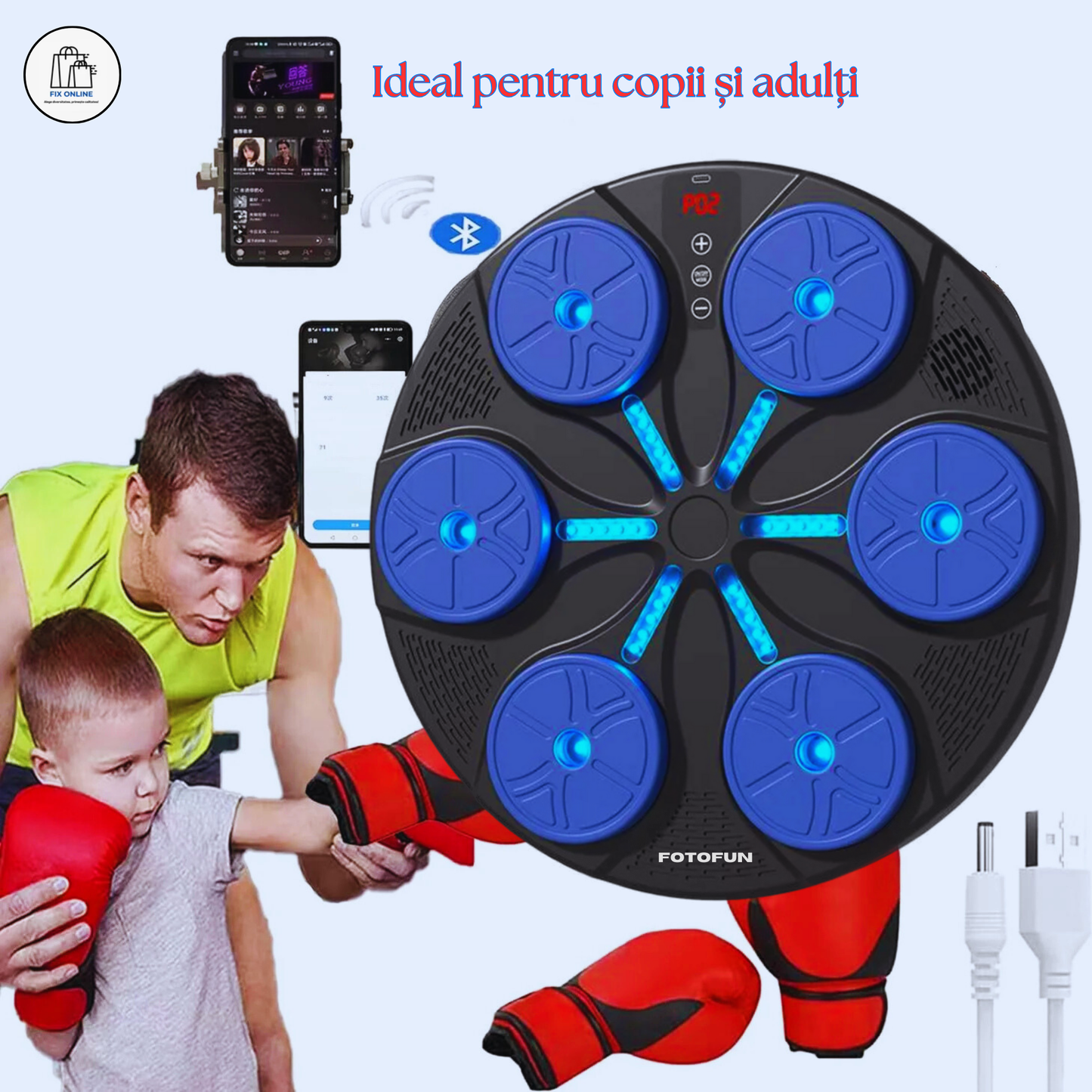 Aparat Smart de Box FOTOFUN® cu Bluetooth, Lumini RGB, Mănuși Negre și Fixare Velcro