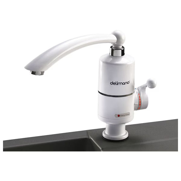 White kitchen faucet with delimano branding on a white background